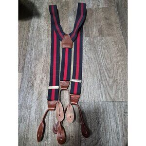 Vintage Mens Liberty Leather Striped Suspenders Red & Navy With Button Loops